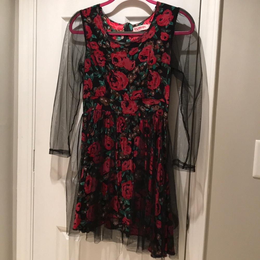 CUSHH Rose Dress with Black Mesh Sleeves Size S